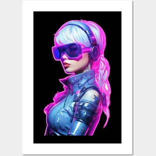 Cyberpunk Futuristic Neon Woman with Pink Visor Shades Graphic Posters and Art